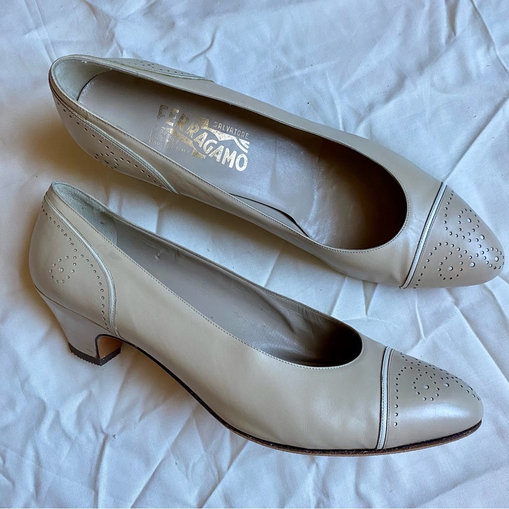 Vintage Ferragamo Nude Pumps with Brogue Detailing